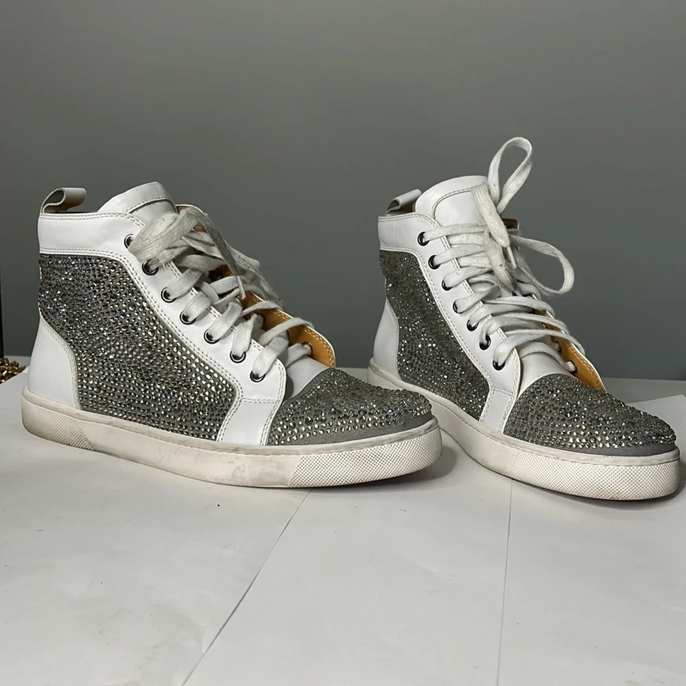 Crystal Rhinestone Sz 10.5 / EU 41 White Leather Hightop Sneakers Red Sole